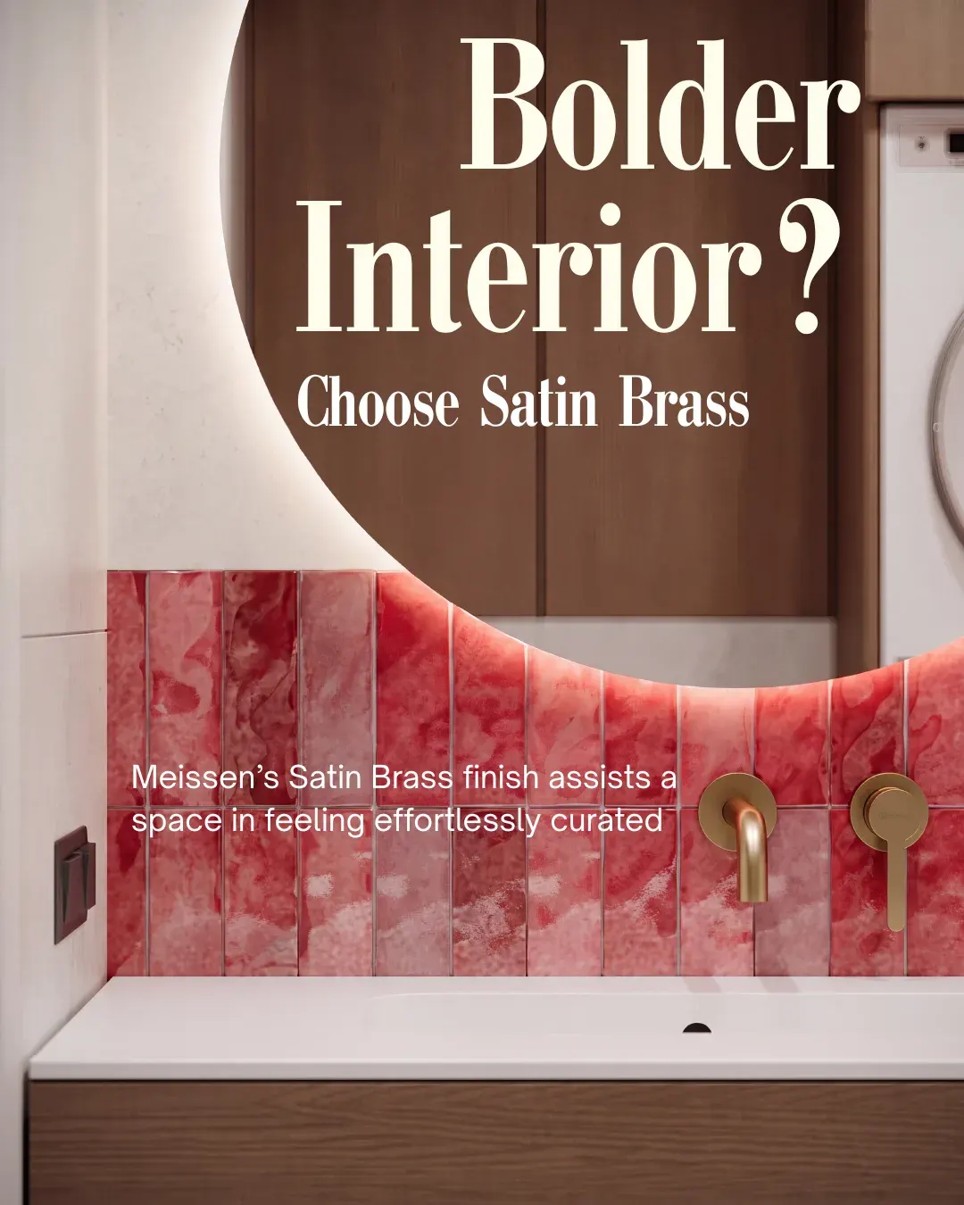 Bathroom vanity with red Meissen tile and Satin Brass wall-mounted tapware