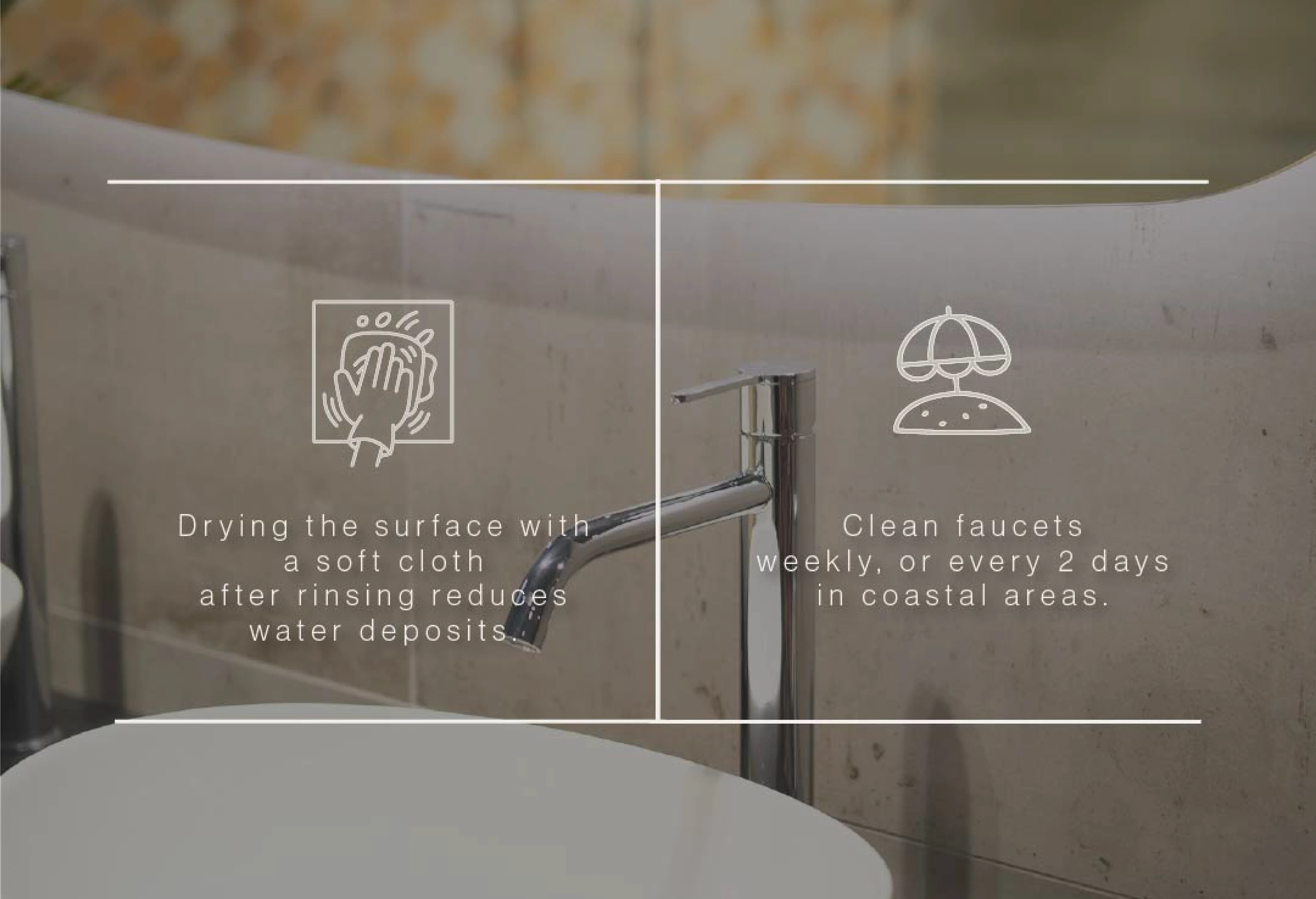Meissen care guide: drying the surface with a soft cloth after rinsing reduces water deposits. Clean faucets weekly, or every 2 days in coastal areas.