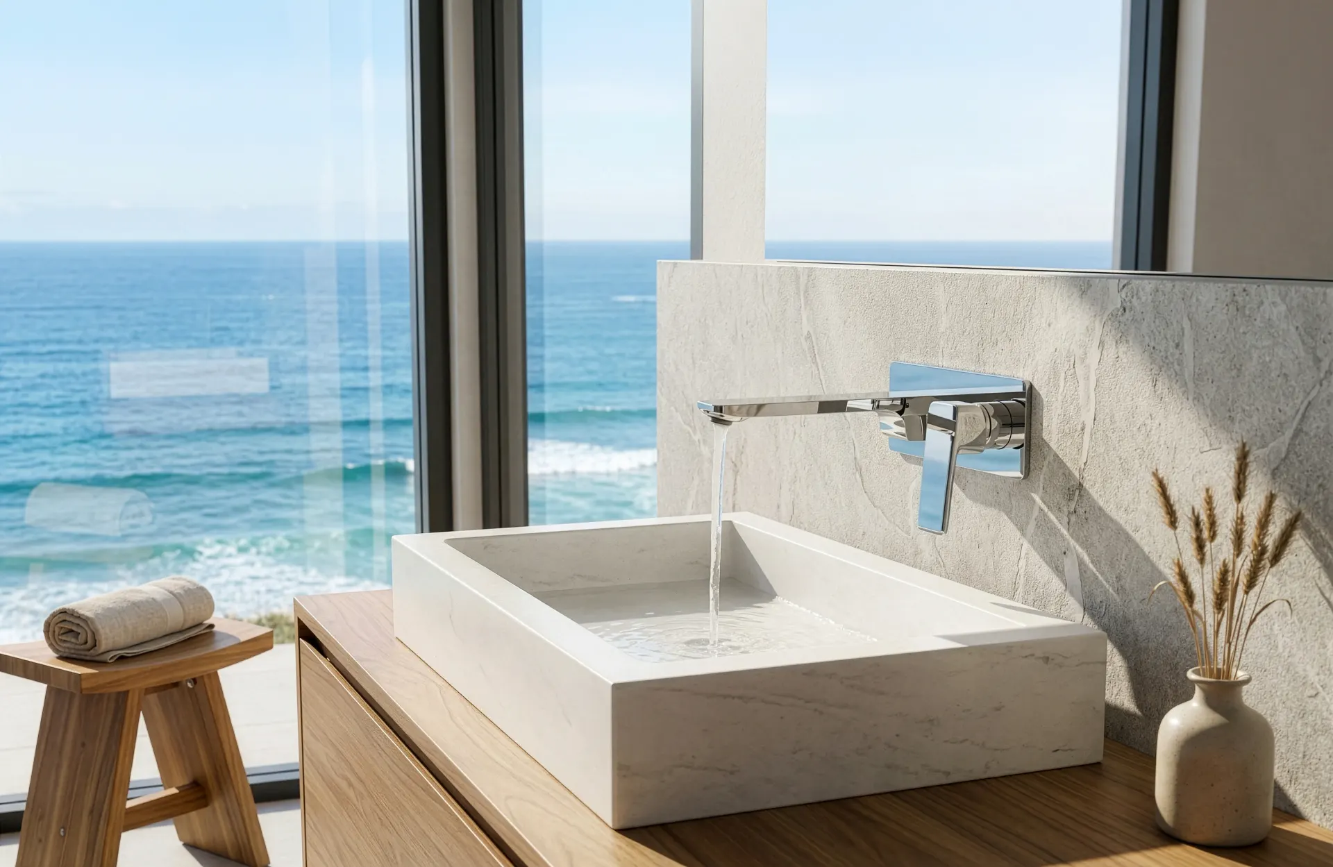The Meissen Sterlyn wall mounted basin mixer in a luxury coastal mansion.